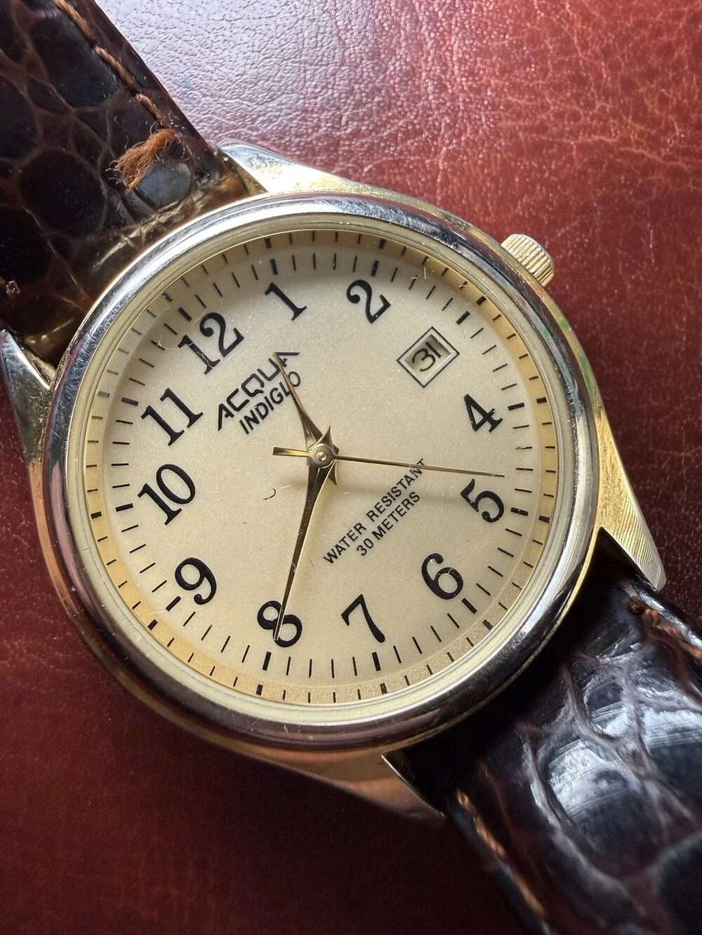 Accutime Indigo Gold Tone Quartz Watch Date 30M Brown Leather Band Needs Battery